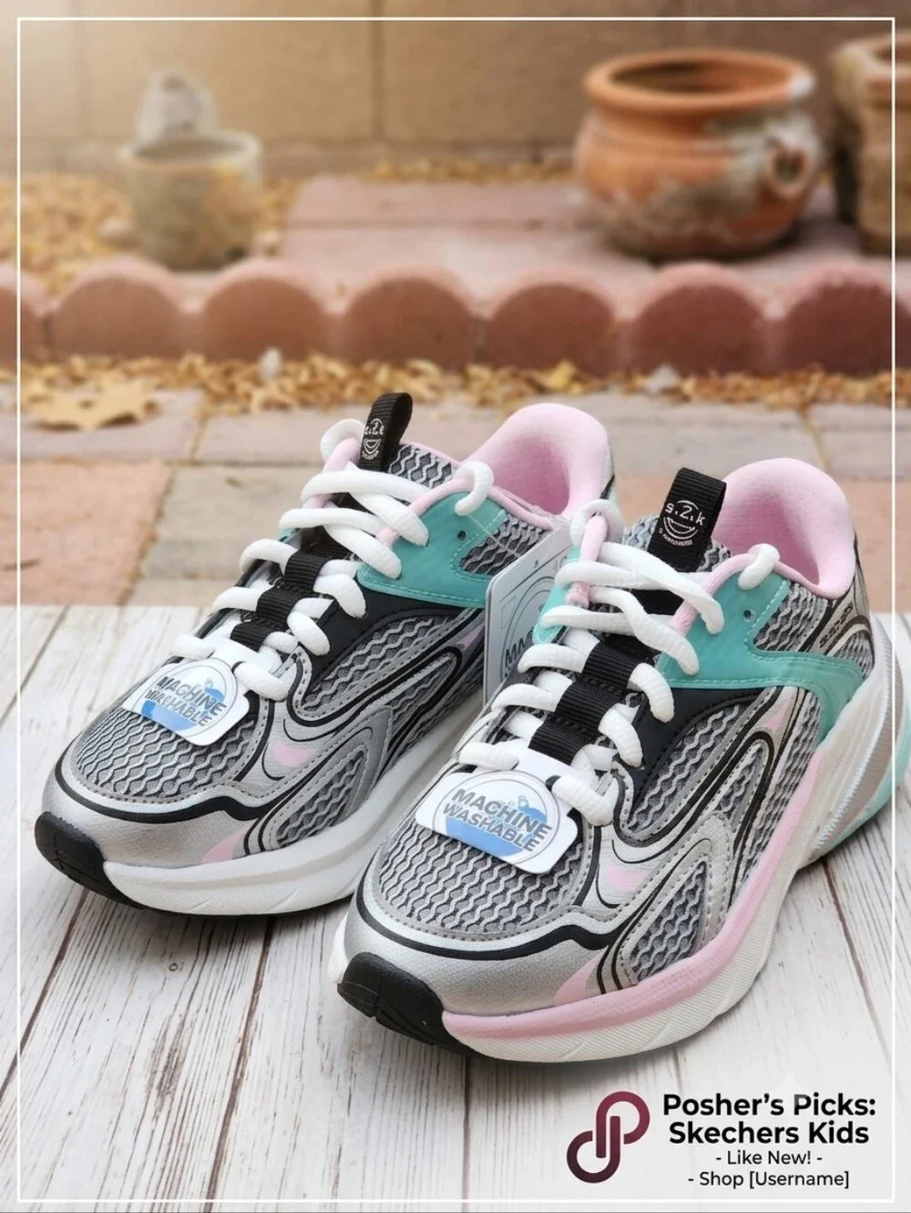 Skechers Girls' S2K Silver Multi Machine Washable Sneakers (Youth) Size 12